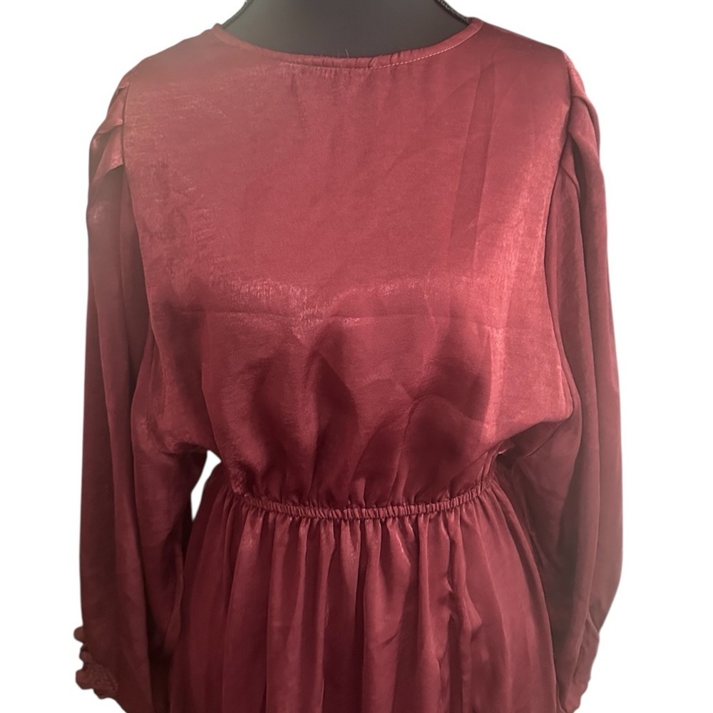 NWT Umgee Burgundy Long Sleeve Maxi Silk Feel Dress Size Small - Picture 2 of 8